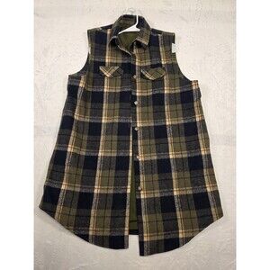 Mina Self Men's Plaid Button Vest XXL Green Navy Beige Lined Long Outdoor
